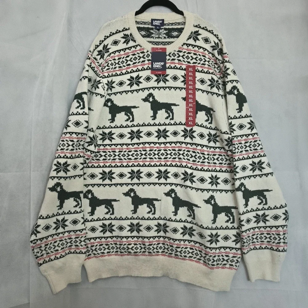 Lands End Mens Fair Isle Holiday Dog Sweater Crew Neck Size XL Geometric Winter